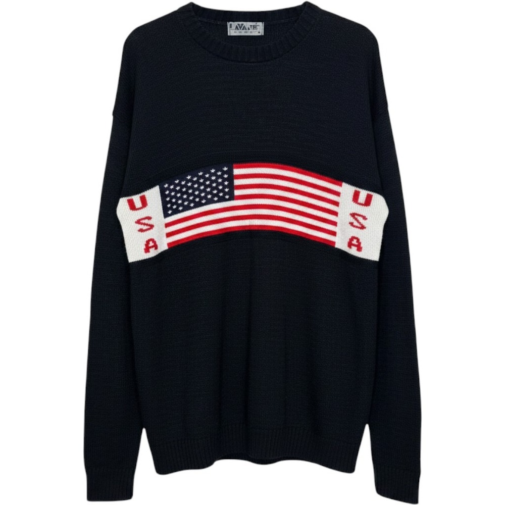 Vintage 90s American Flag USA Knit Sweater Black Crewneck Sporty USA Made XL